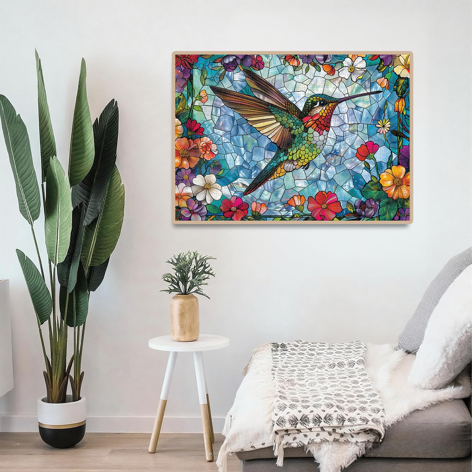 Aeekdook stained glass hummingbird puzzle pieces shown as precision-cut.