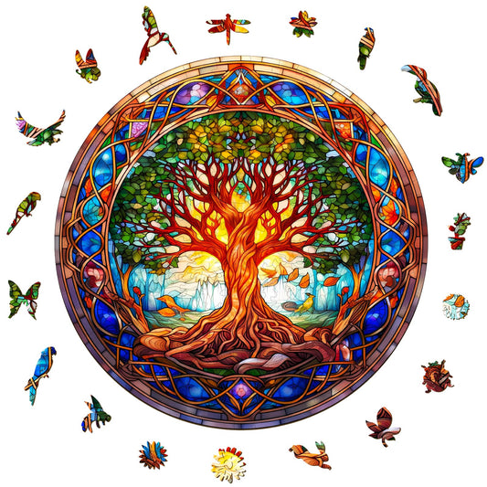 Aeekdook Tree of Life wooden puzzle close-up shows intricate laser-cut pieces.