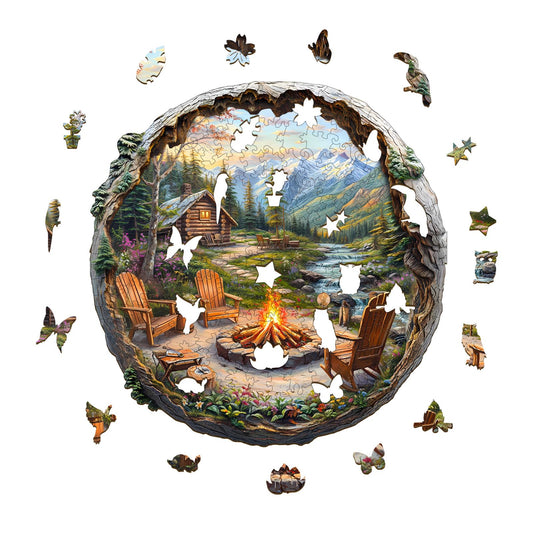 Aeekdook wooden puzzle outdoor garden view inviting relaxing solo focus.