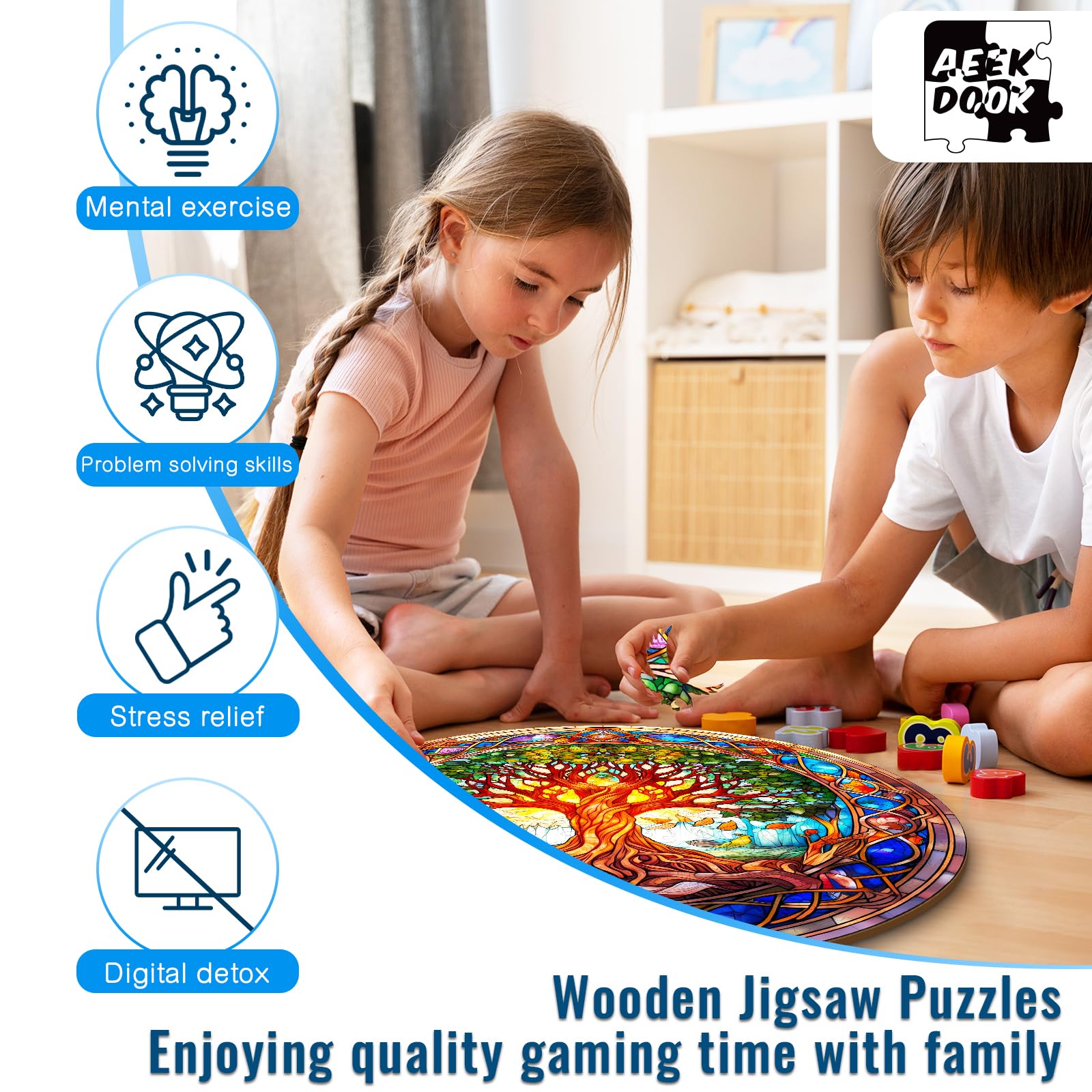 Aeekdook wooden puzzle support stand for stable display.