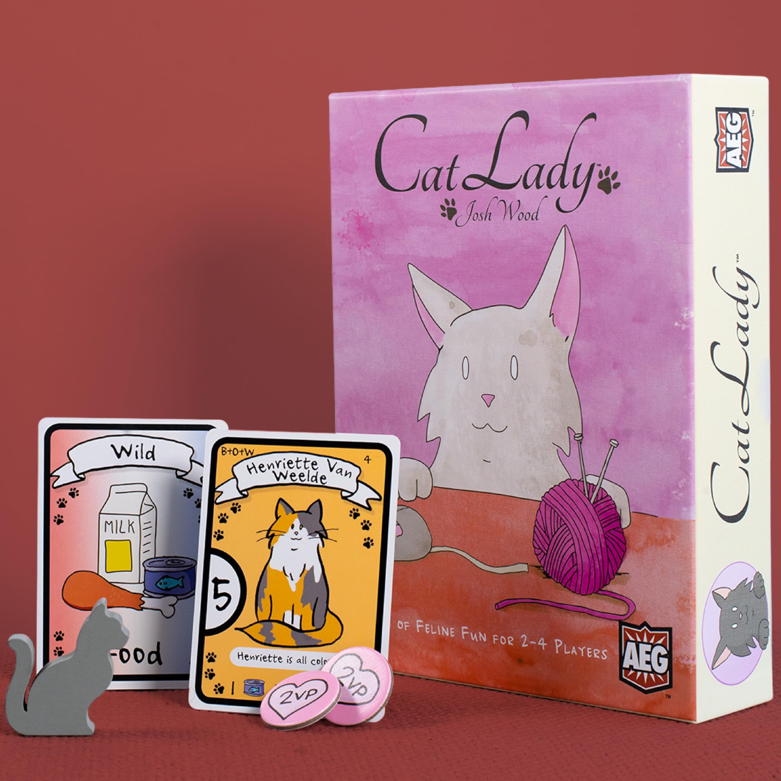 AEG Cat Lady Board Game colorful tokens and cat toys.