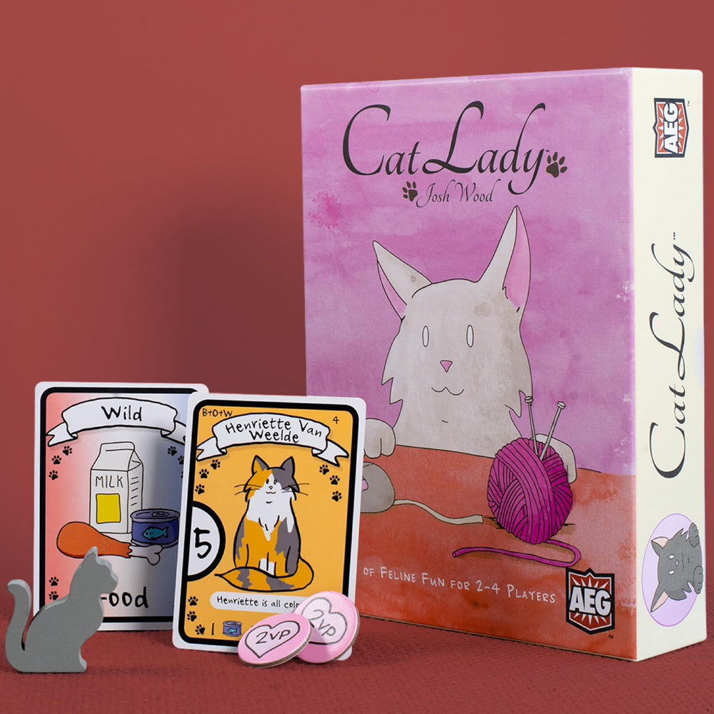 AEG Cat Lady Board Game colorful tokens and cat toys.