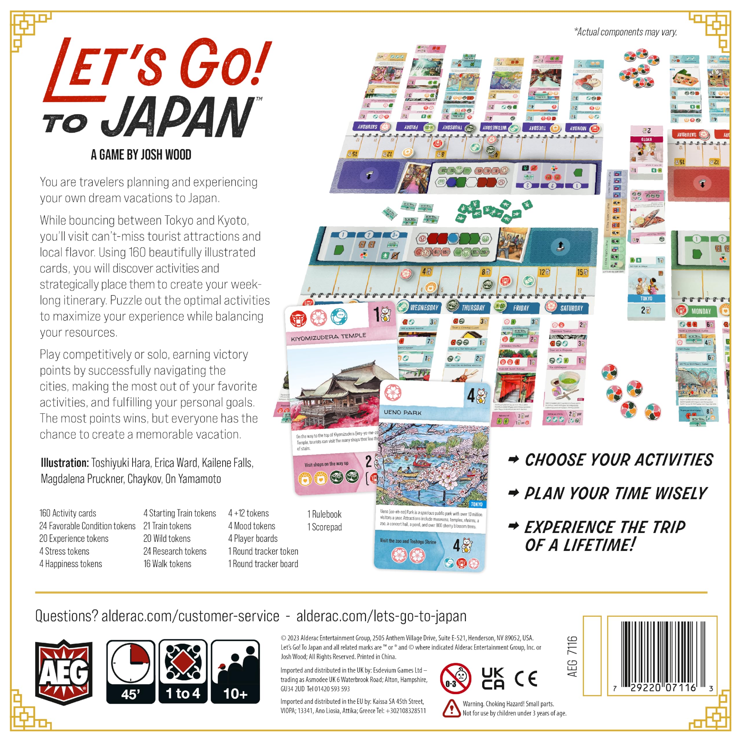 AEG Let's Go! to Japan board layout showcases strategic planning surface for a week-long itinerary.