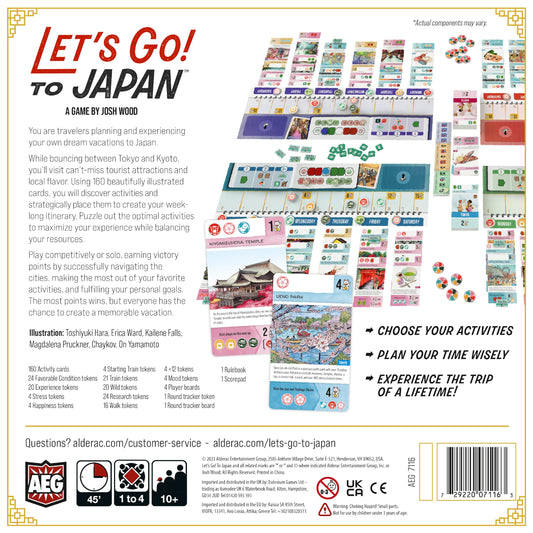 AEG Let's Go! to Japan board layout showcases strategic planning surface for a week-long itinerary.