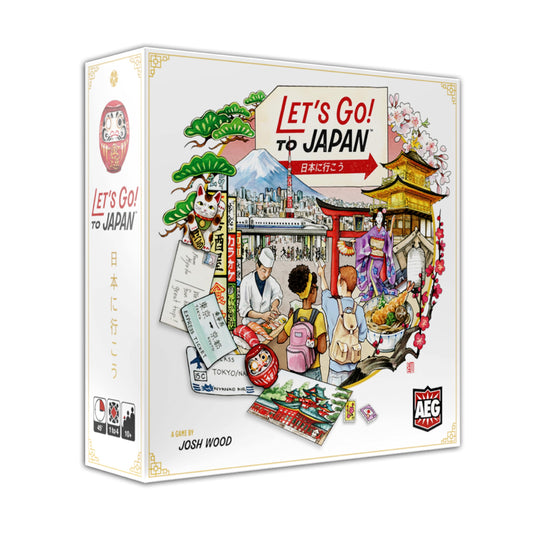AEG Let's Go! to Japan card artwork highlights Tokyo and Kyoto scenes for immersive storytelling.
