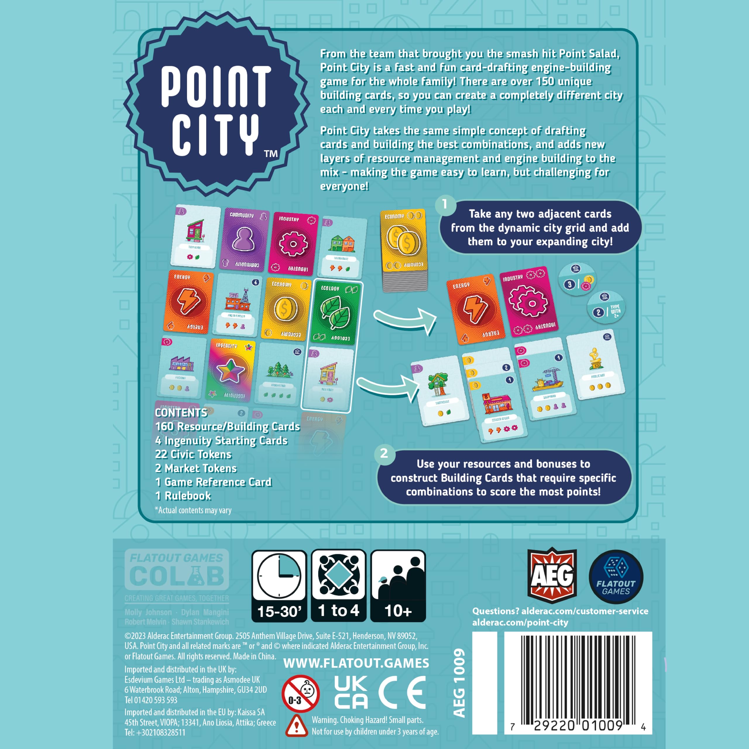 AEG Point City card-drafting: adjacent choices drive diverse city layouts.