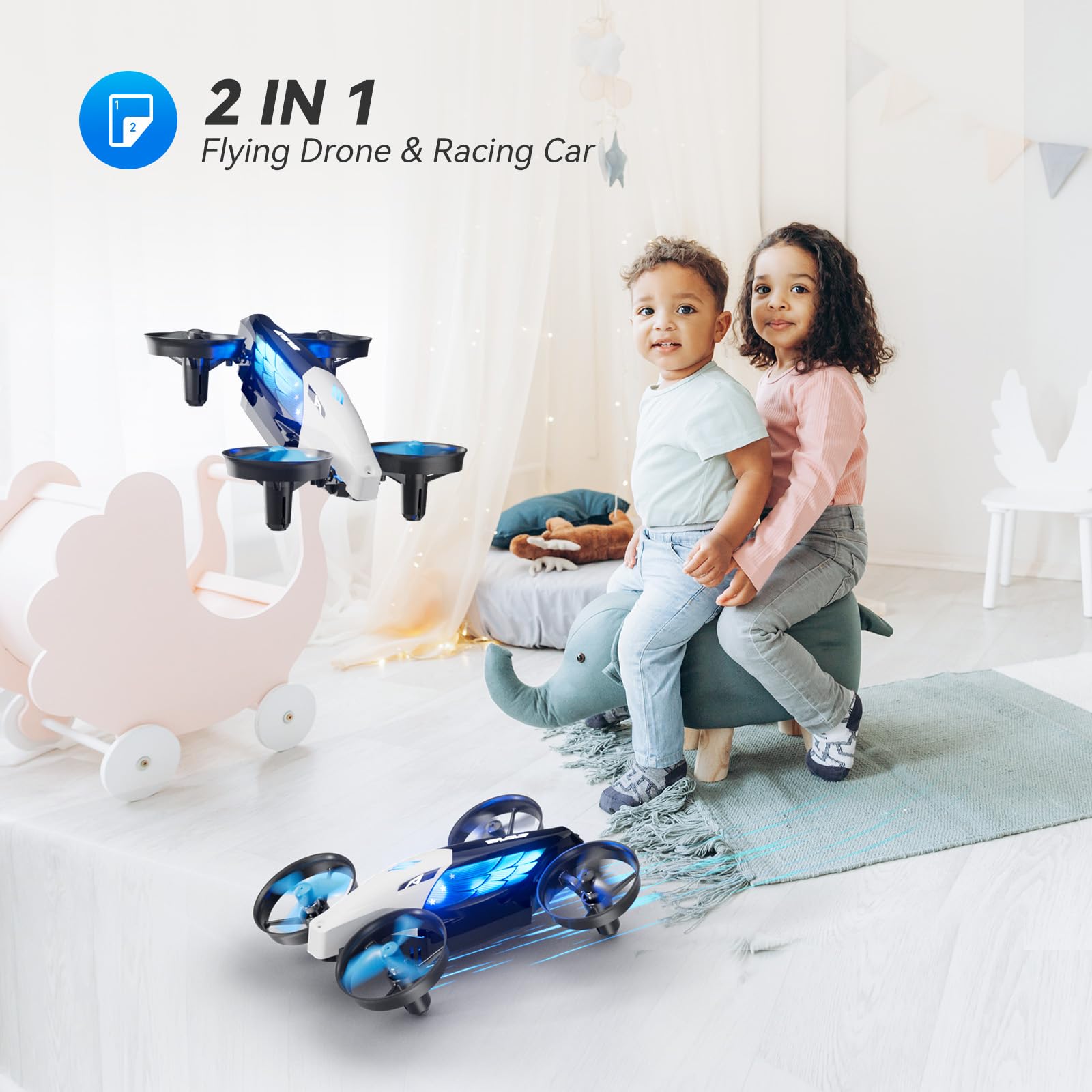 Aeihopfe auto-rotation and circle fly provide dynamic indoors visuals.