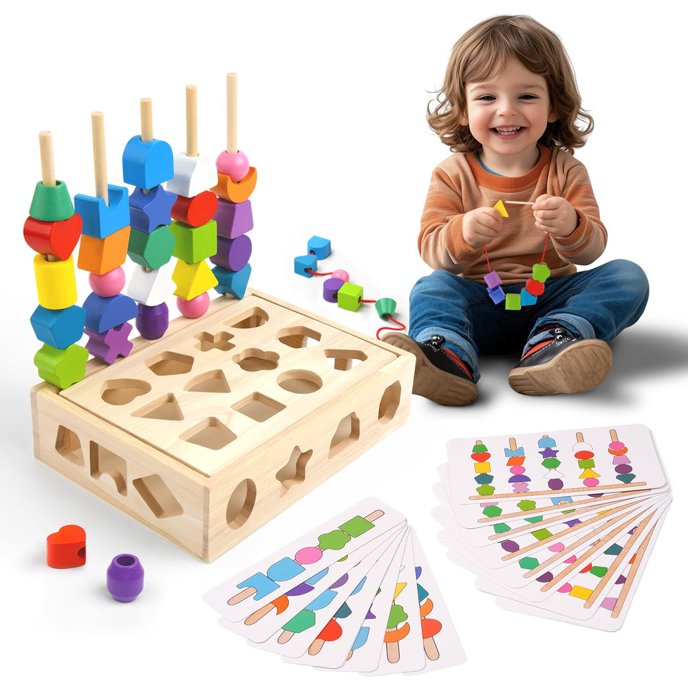 Aeocidy wooden beads for stacking supports color and shape recognition.