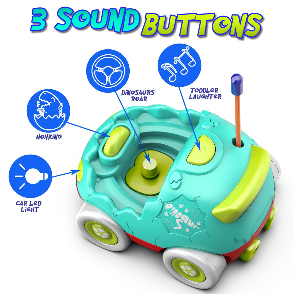 AEROQUEST Dino RC car shows easy interactive buttons for toddler use.