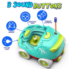 AEROQUEST Dino RC car shows easy interactive buttons for toddler use.