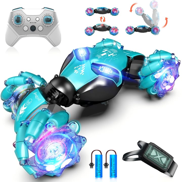 AEROQUEST gesture sensing RC stunt car front view with vibrant lights.