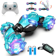 AEROQUEST gesture sensing RC stunt car front view with vibrant lights.