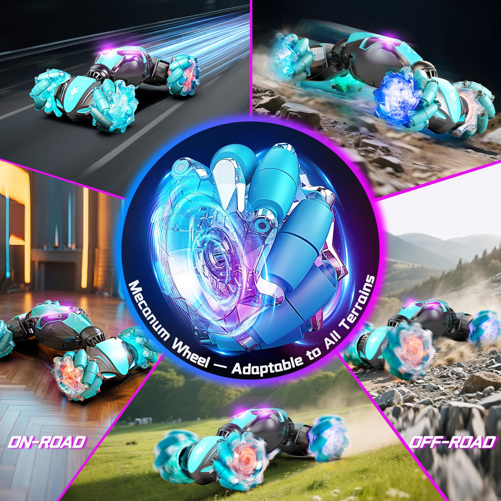 AEROQUEST gesture sensing RC stunt car off-road action on varied terrain.