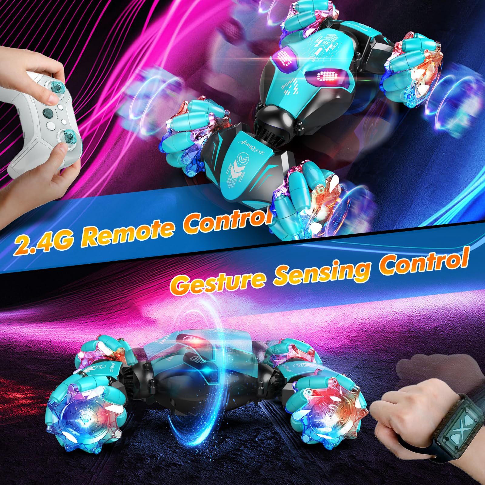 AEROQUEST gesture sensing RC stunt car side-drift for precise steering.