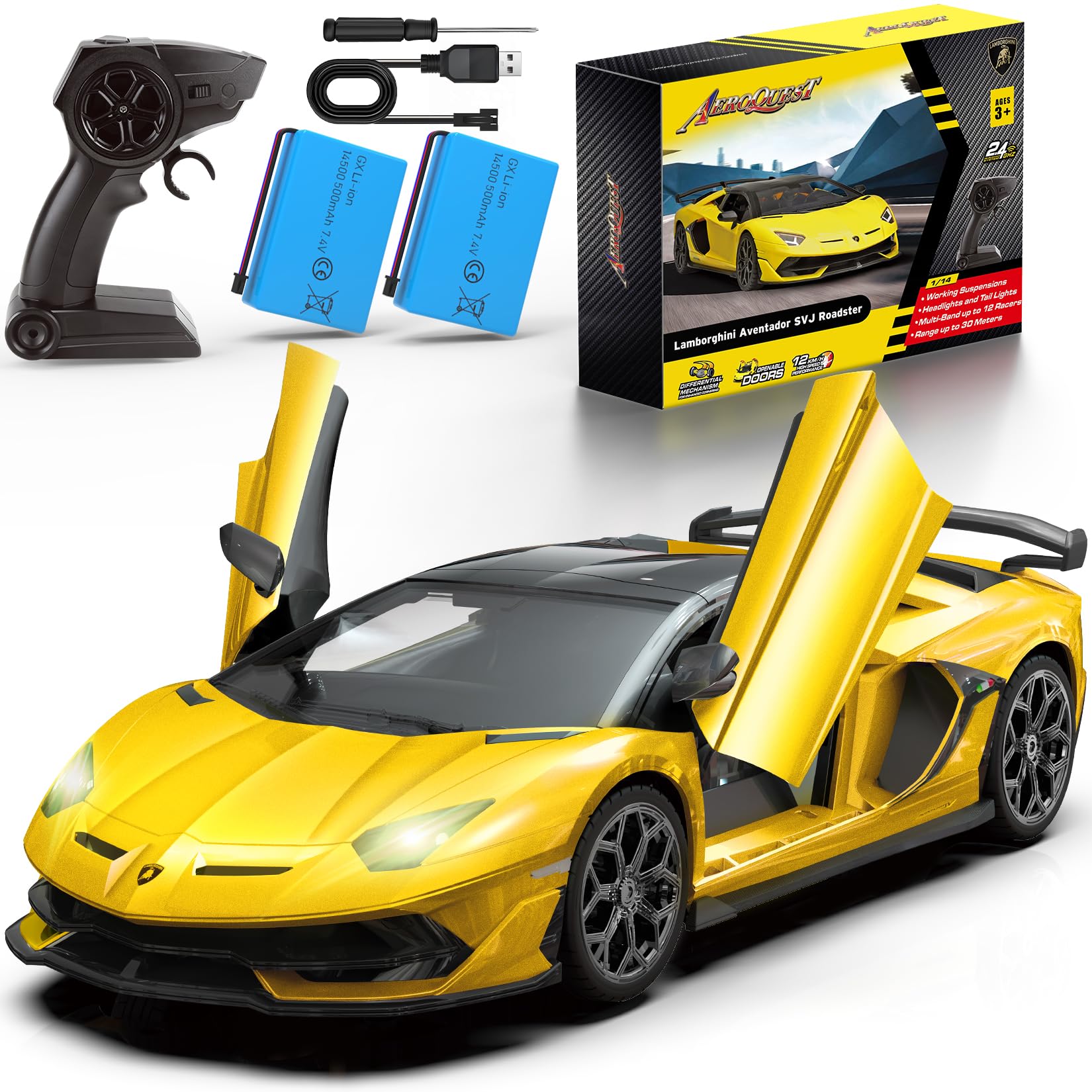 AEROQUEST Lamborghini 1:14 RC car side view highlighting authentic details for imaginative play.