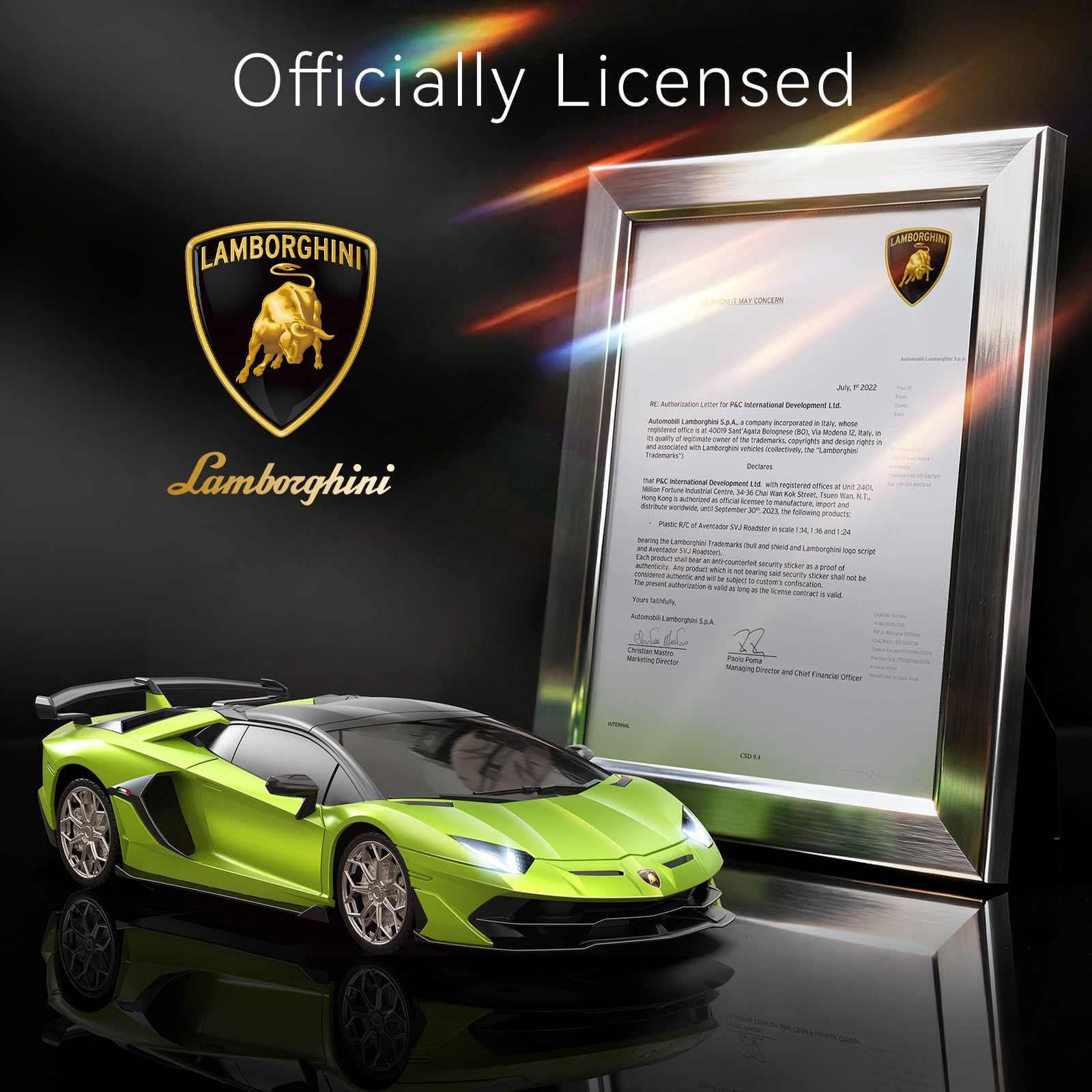 AEROQUEST Lamborghini RC car 1:24-scale chassis close-up shows durable construction.