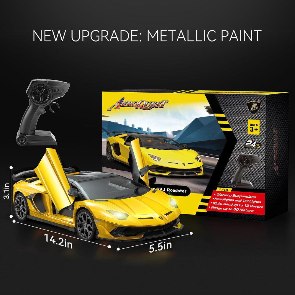 AEROQUEST Lamborghini RC car in action with two batteries for extended playtime.