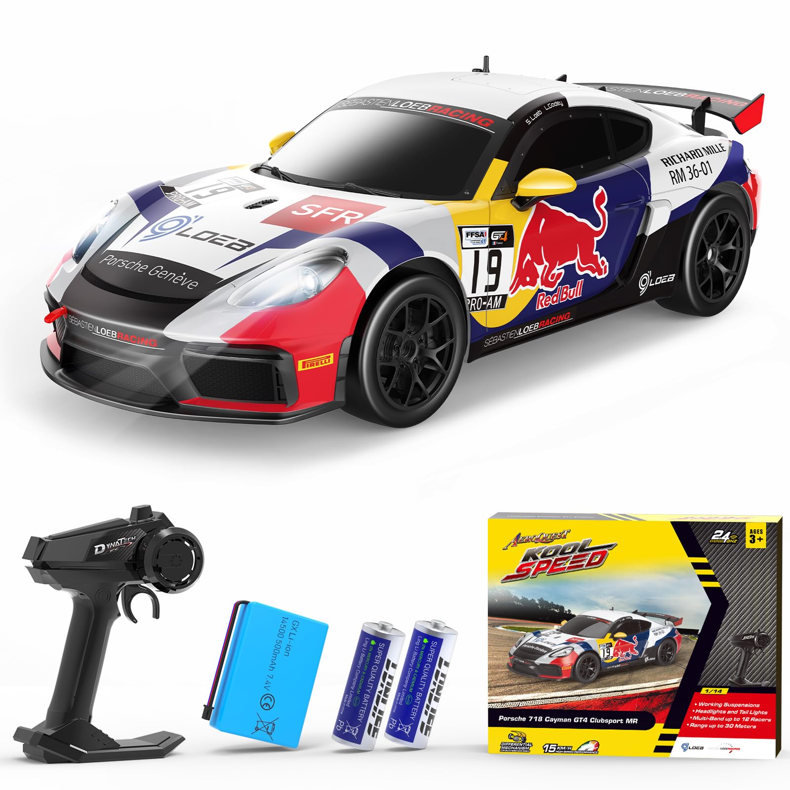 AEROQUEST Porsche 718 Cayman GT4 RC car front view highlighting realism for exciting races.