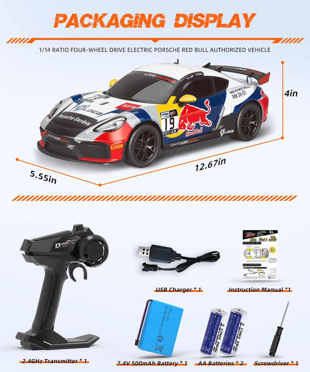 AEROQUEST Porsche 718 Cayman GT4 RC car in motion on track for high-speed fun.