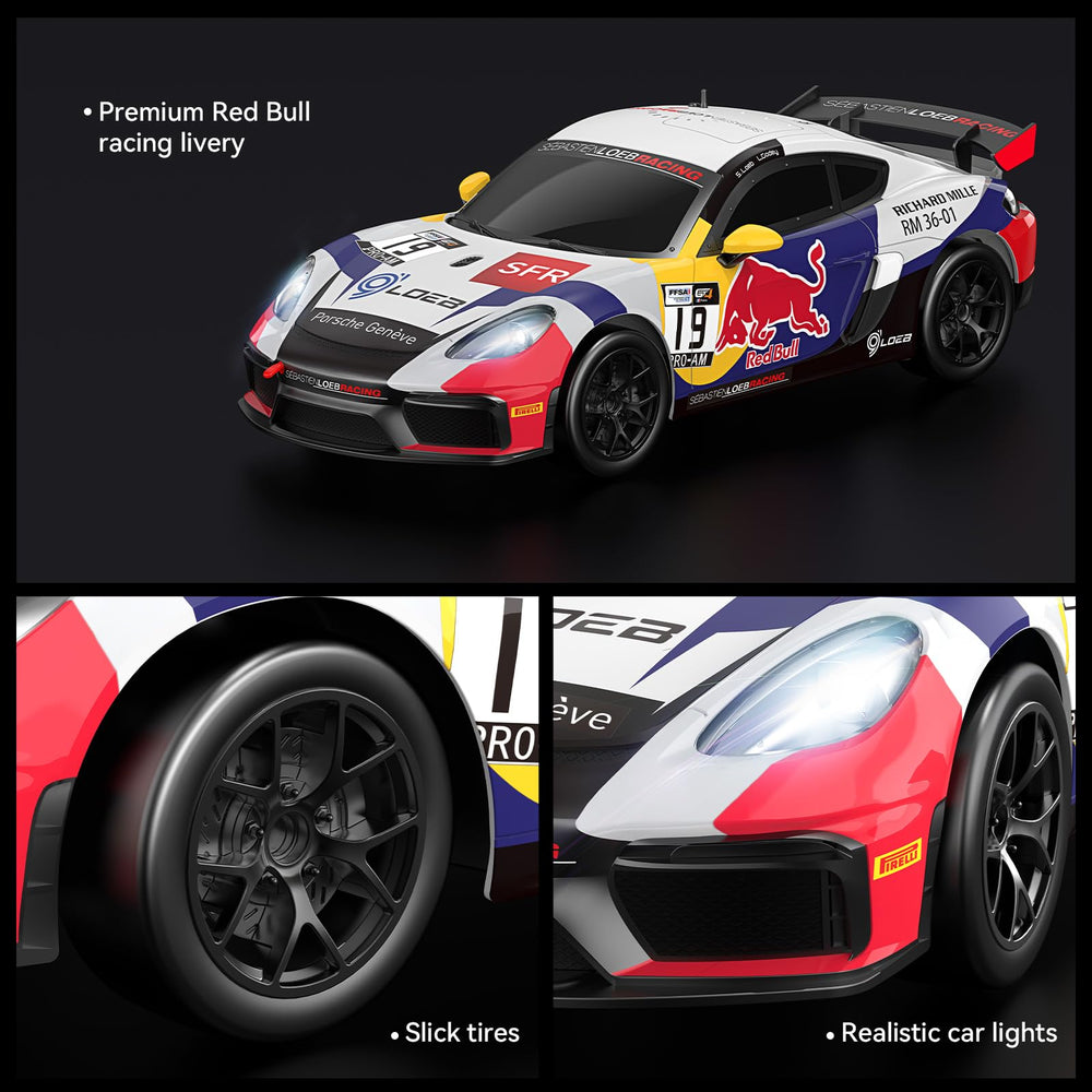 AEROQUEST Porsche 718 Cayman GT4 RC car with remote in focus highlighting user-friendly setup.