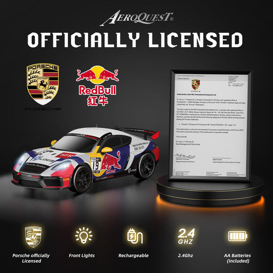 AEROQUEST Porsche 718 Cayman GT4 RC car side view showing detailed decals for immersive realism.