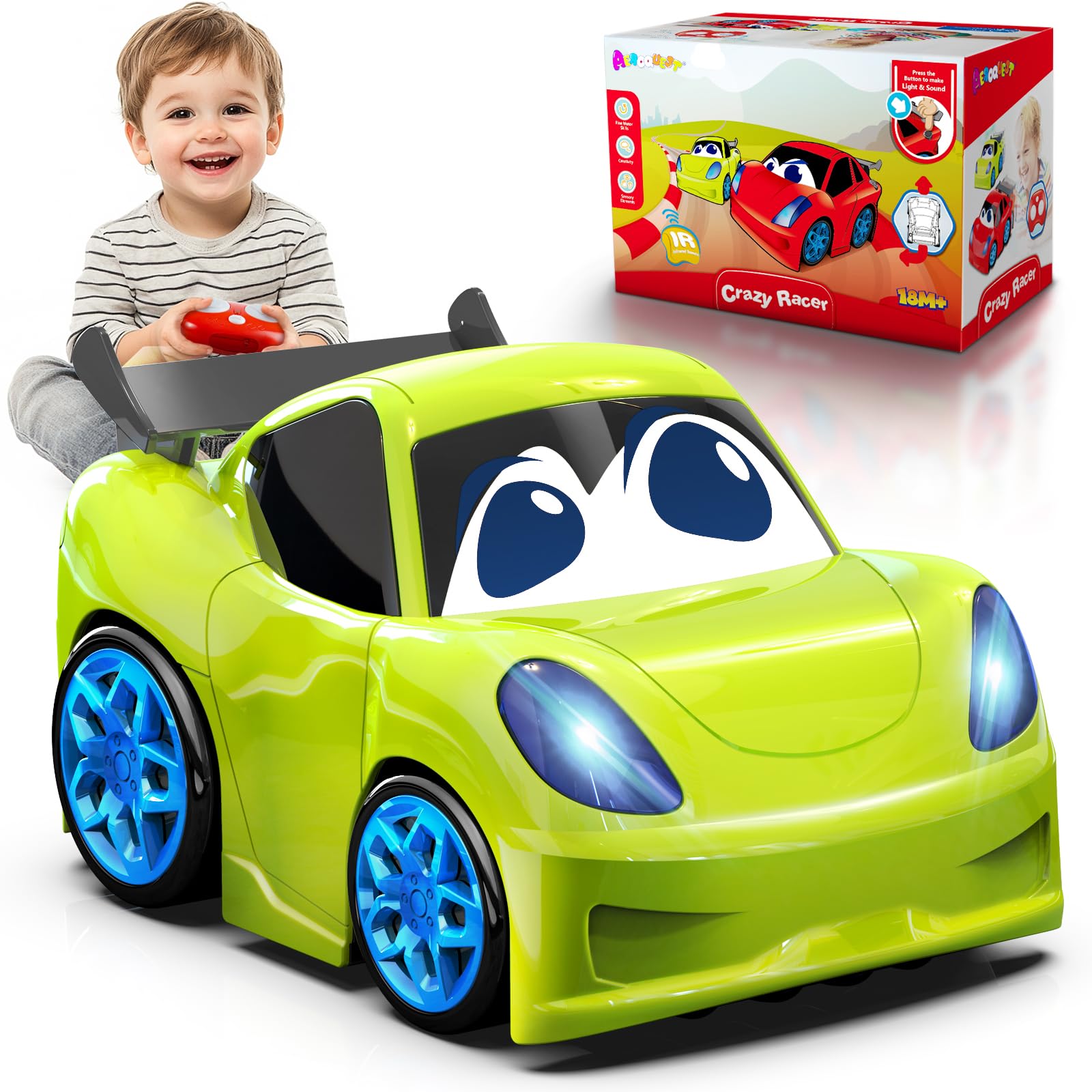 AEROQUEST toddlers RC car with bright light-up front for engaging play.