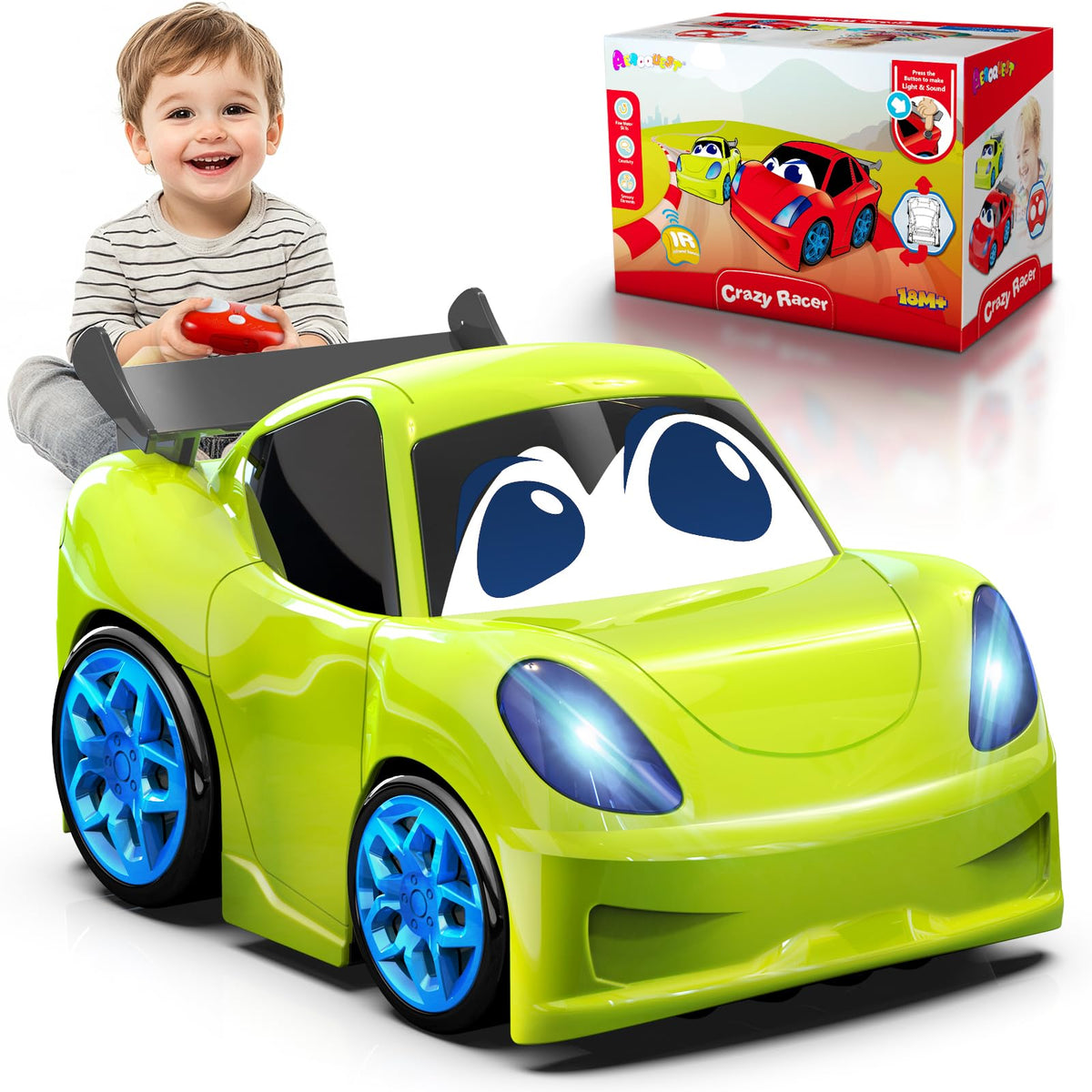 AEROQUEST toddlers RC car with bright light-up front for engaging play.