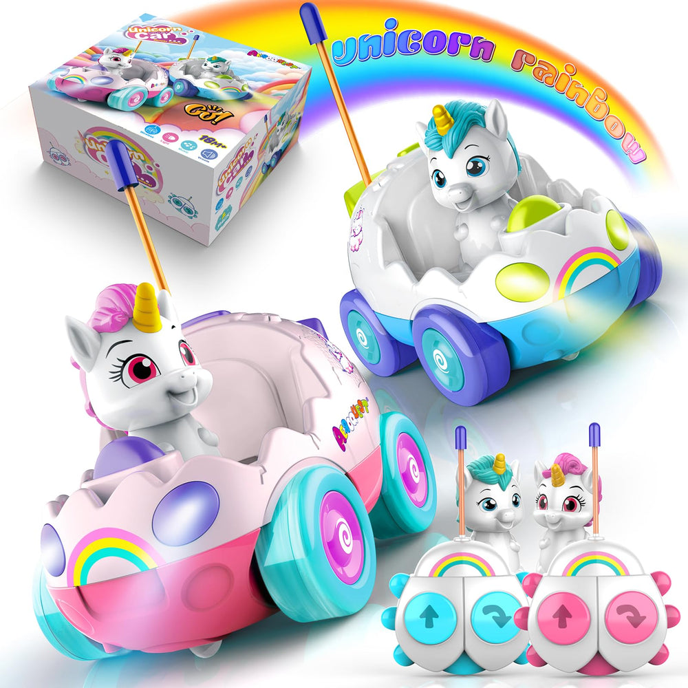 AEROQUEST Unicorn RC cars two pack for toddlers encouraging cooperative play and exploration.