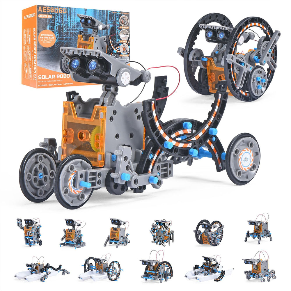 AESGOGO 12-in-1 Solar Robot Kit shows diverse robot designs for imaginative play