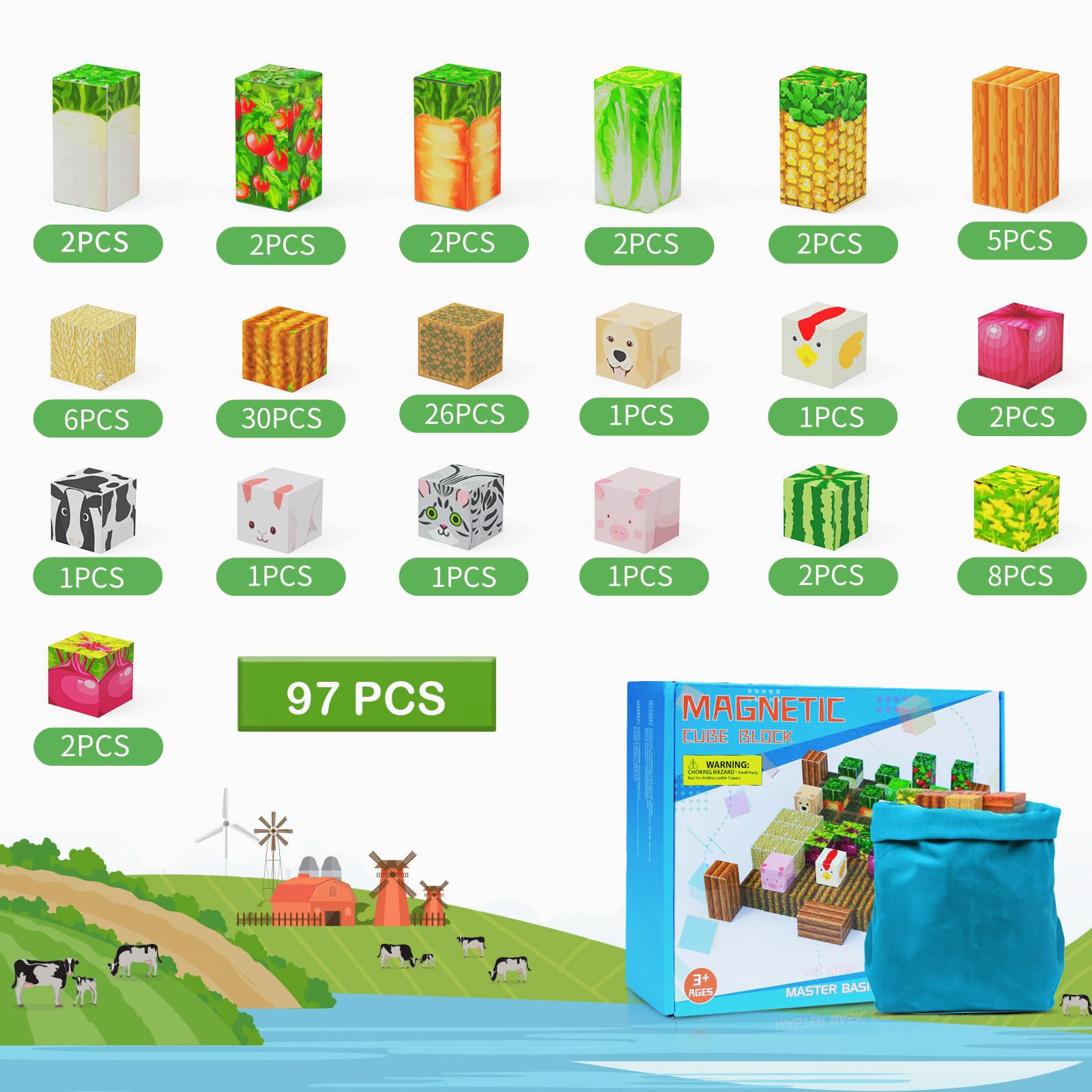 AESGOGO vegetables and fruits magnetic tiles support colorful kitchen style playtime