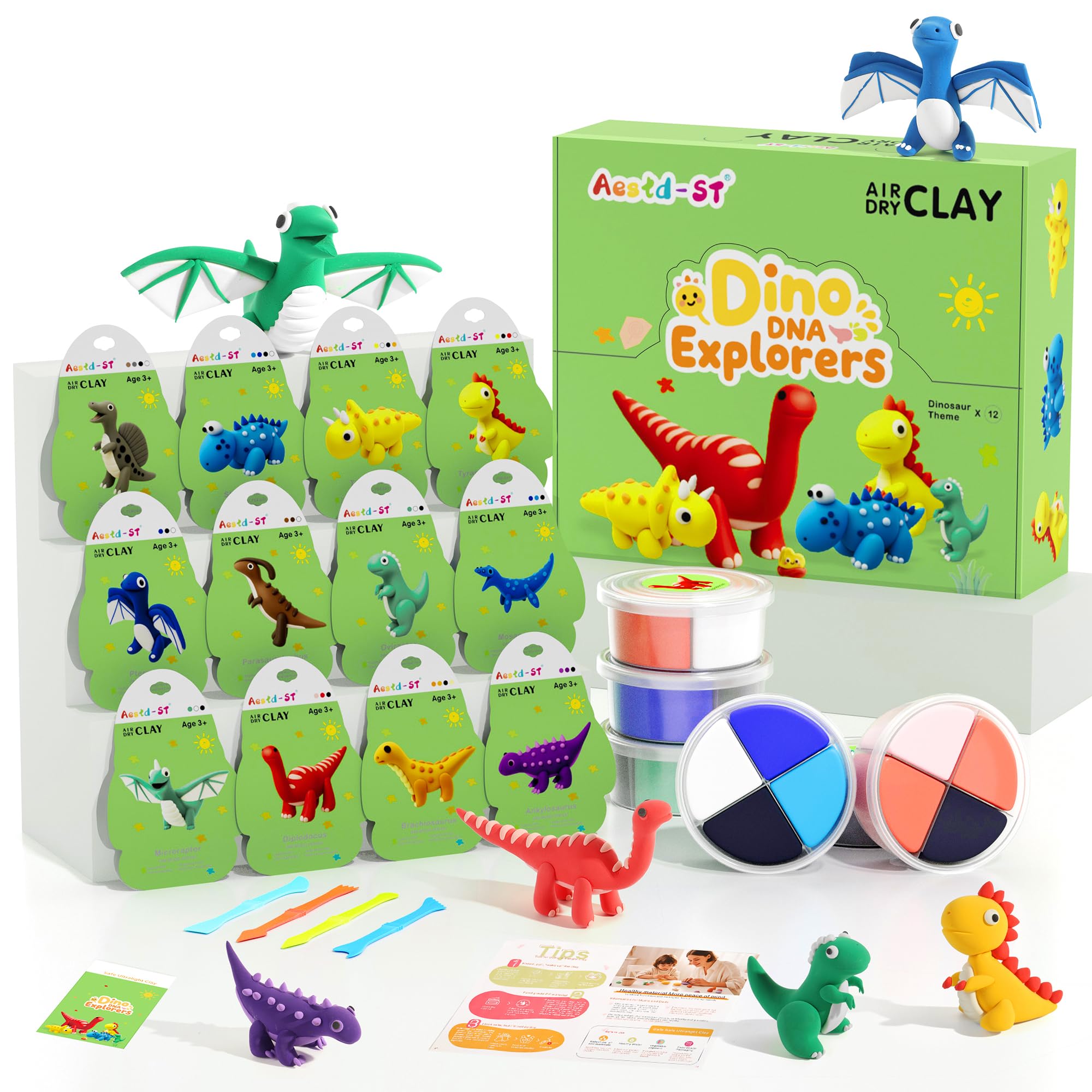 Aestd-ST air dry clay dinosaur kit boxes show vibrant colors and tidy organization.