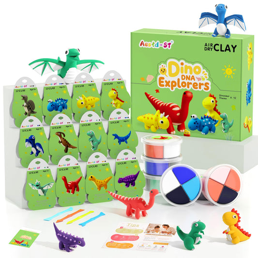 Aestd-ST air dry clay dinosaur kit boxes show vibrant colors and tidy organization.