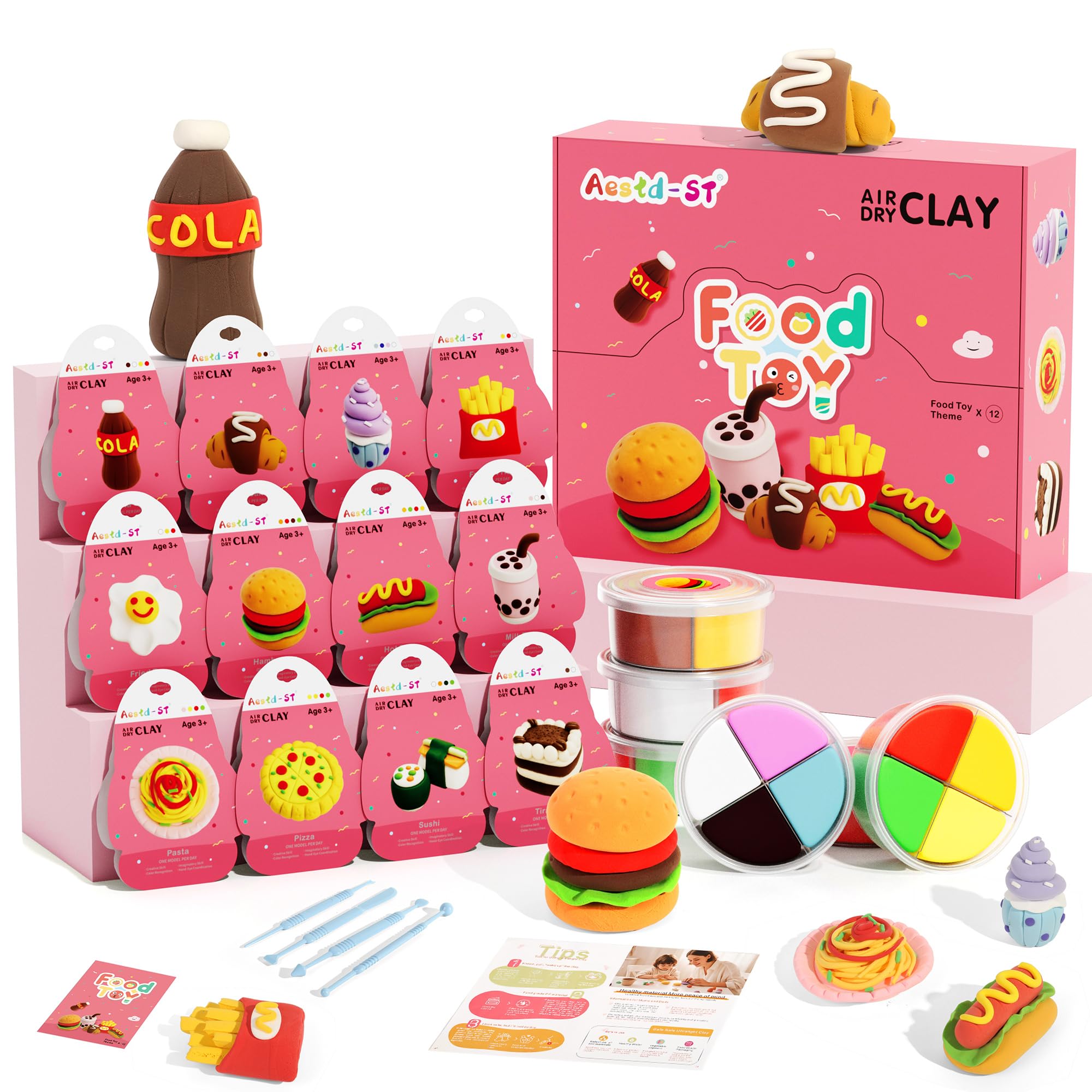Aestd-ST air dry clay kit with twelve colors organized in boxes for mess-free crafting.