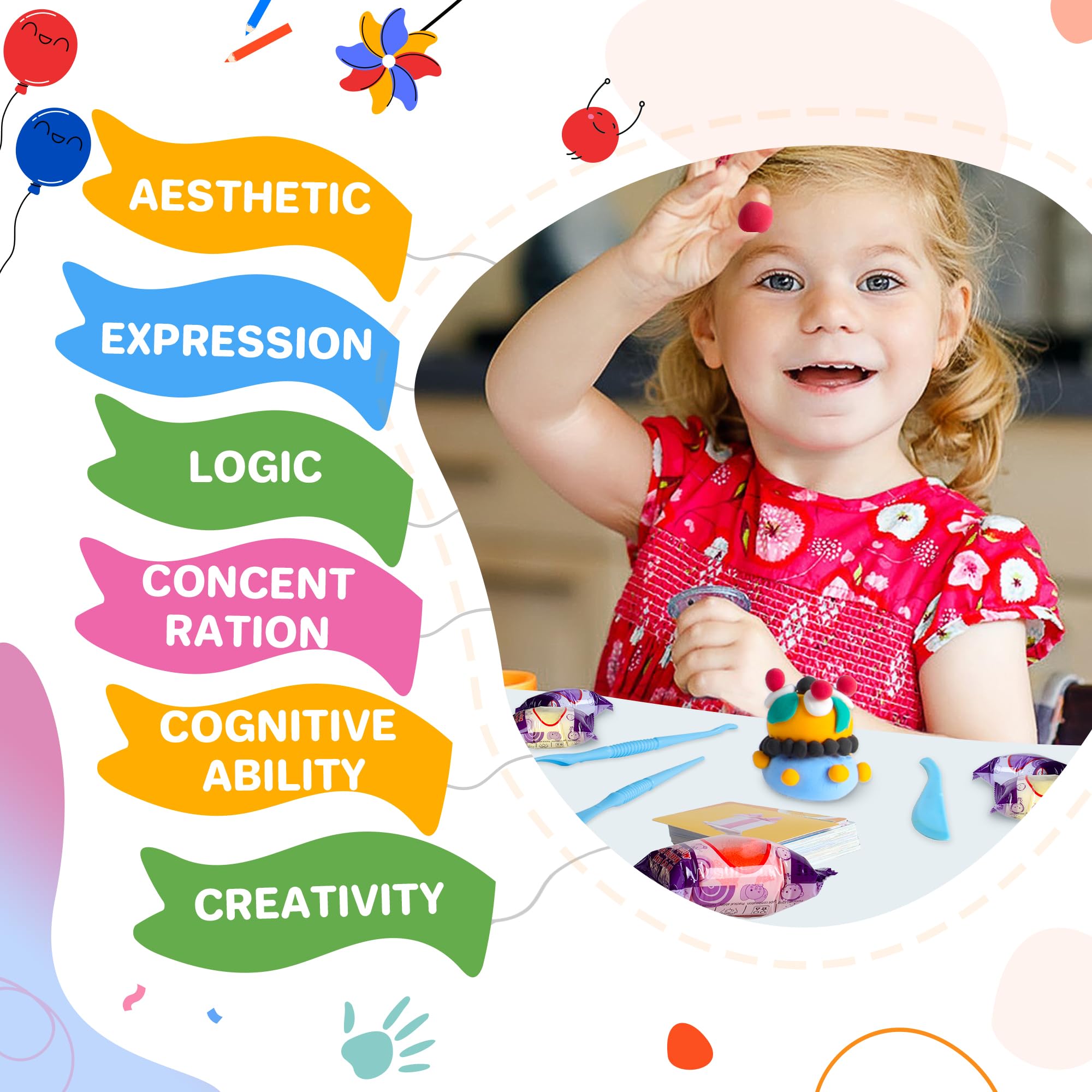 Colorful clay and accessories shown for color mixing and project ideas.