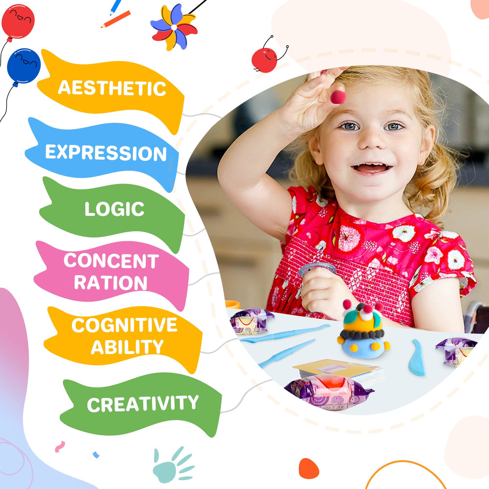 Colorful clay and accessories shown for color mixing and project ideas.