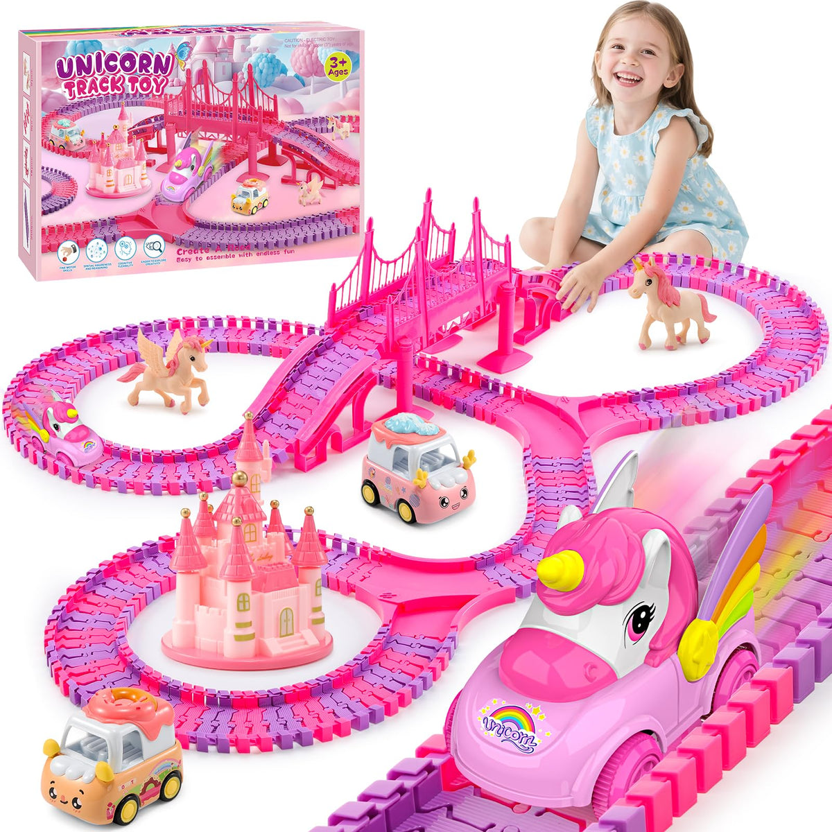 Aetyni unicorn car track set with 232 pieces sparks imaginative play and storytelling.