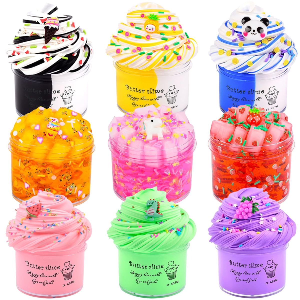 Aeyiakov 9-pack slime kit front view for creative play.