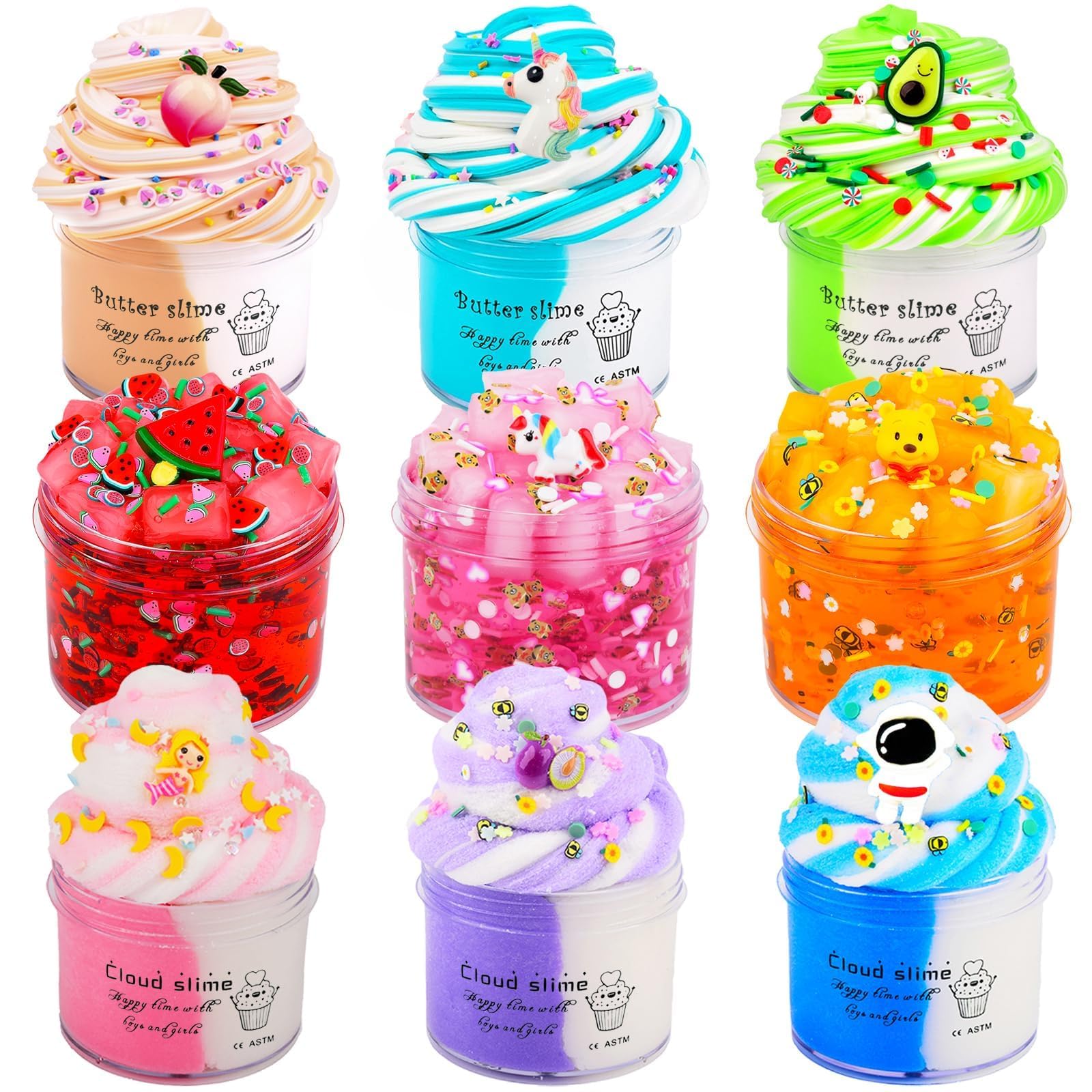 Aeyiakov 9-pack slime kit with jars and charms for mess-free play.
