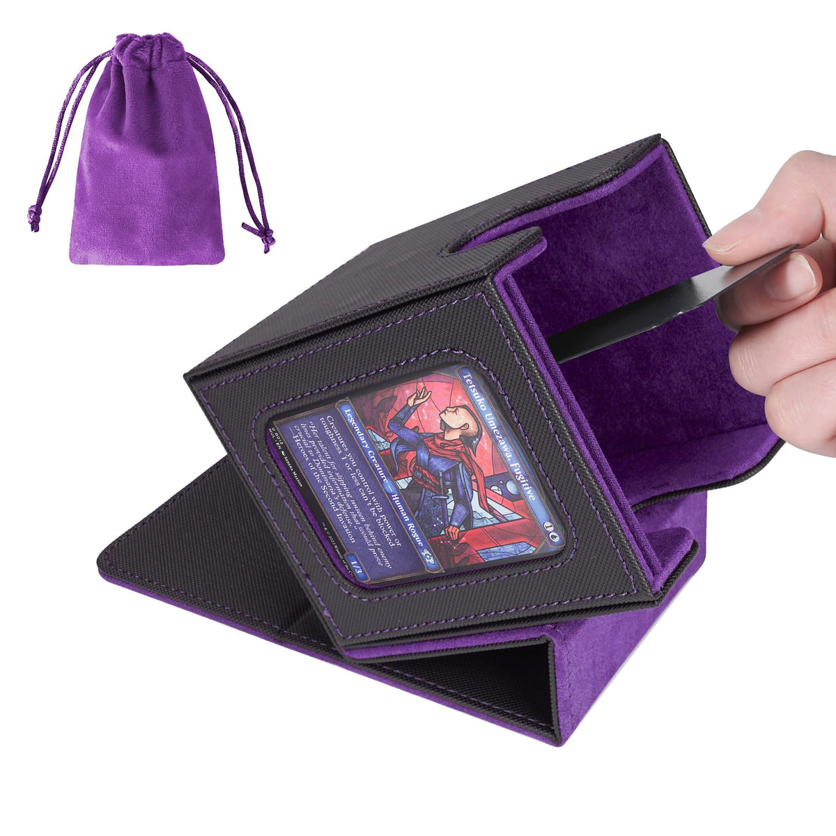 AFIING MTG deck box with side window displaying a commander for quick deck identification.