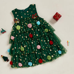Afunbaby green Christmas tree dress, back view showing tutu for festive outings.