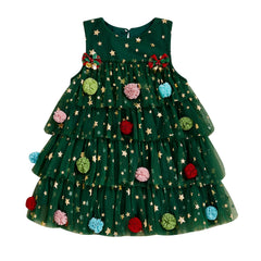 Afunbaby green Christmas tree dress, front view with sequins, ideal for holiday photos.