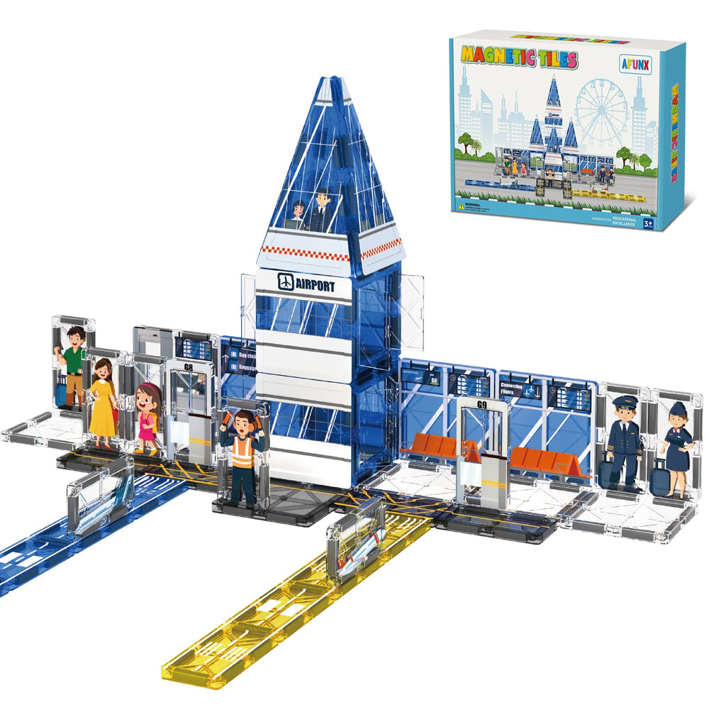 AFUNX Magnetic Tiles airport terminal assembly — promotes imaginative airport scenes and spatial thinking.