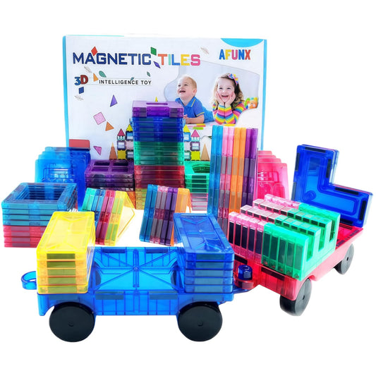 AFUNX magnetic tiles assemble diverse structures for playful STEM sessions.
