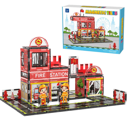 AFUNX magnetic tiles fire station setup for imaginative city building and play