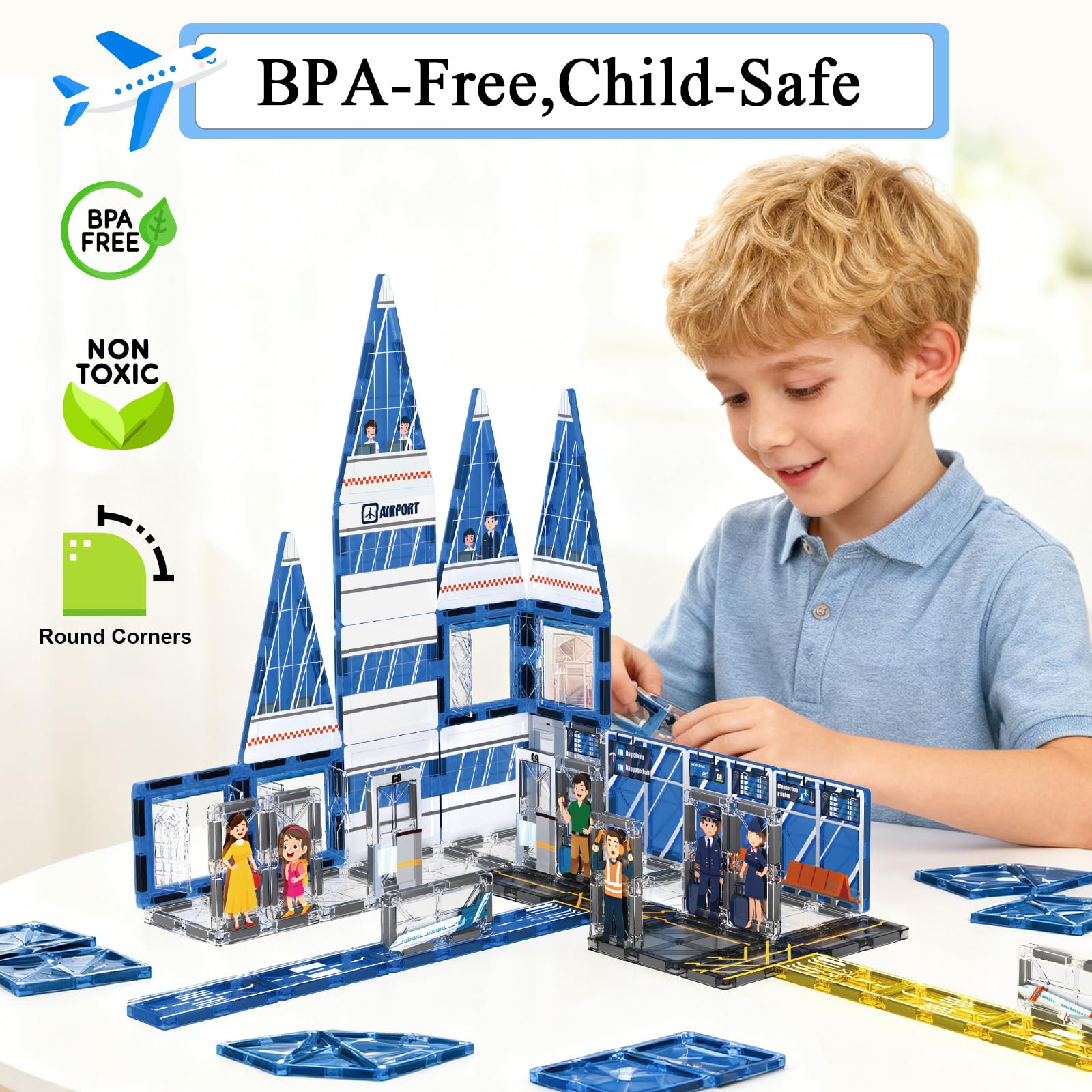 AFUNX Magnetic Tiles plane takeoff landing — encourages storytelling and fine motor practice.