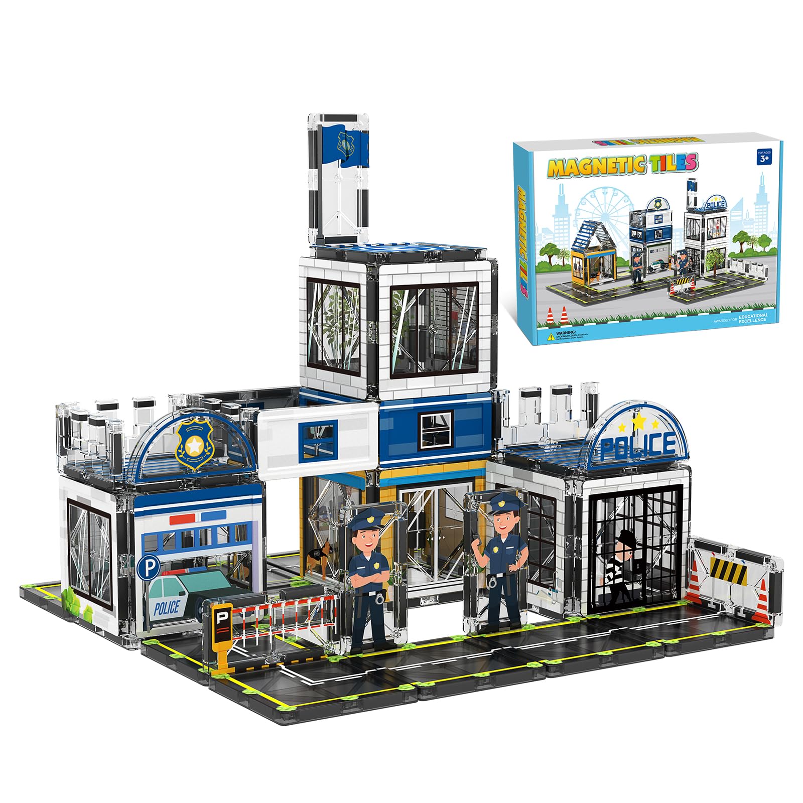 AFUNX magnetic tiles police station assembly for imaginative play and fine motor skills.