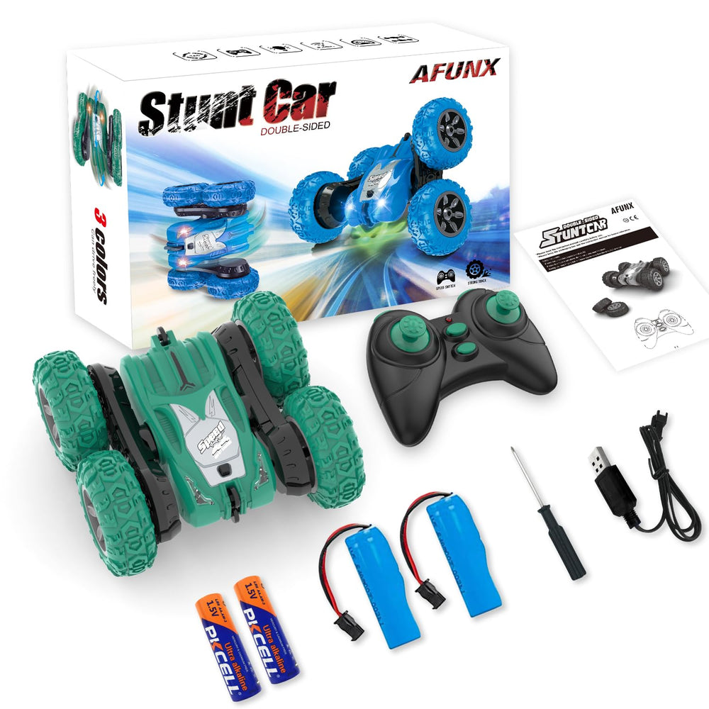 AFUNX green RC toy car on outdoor terrain showing durable materials.
