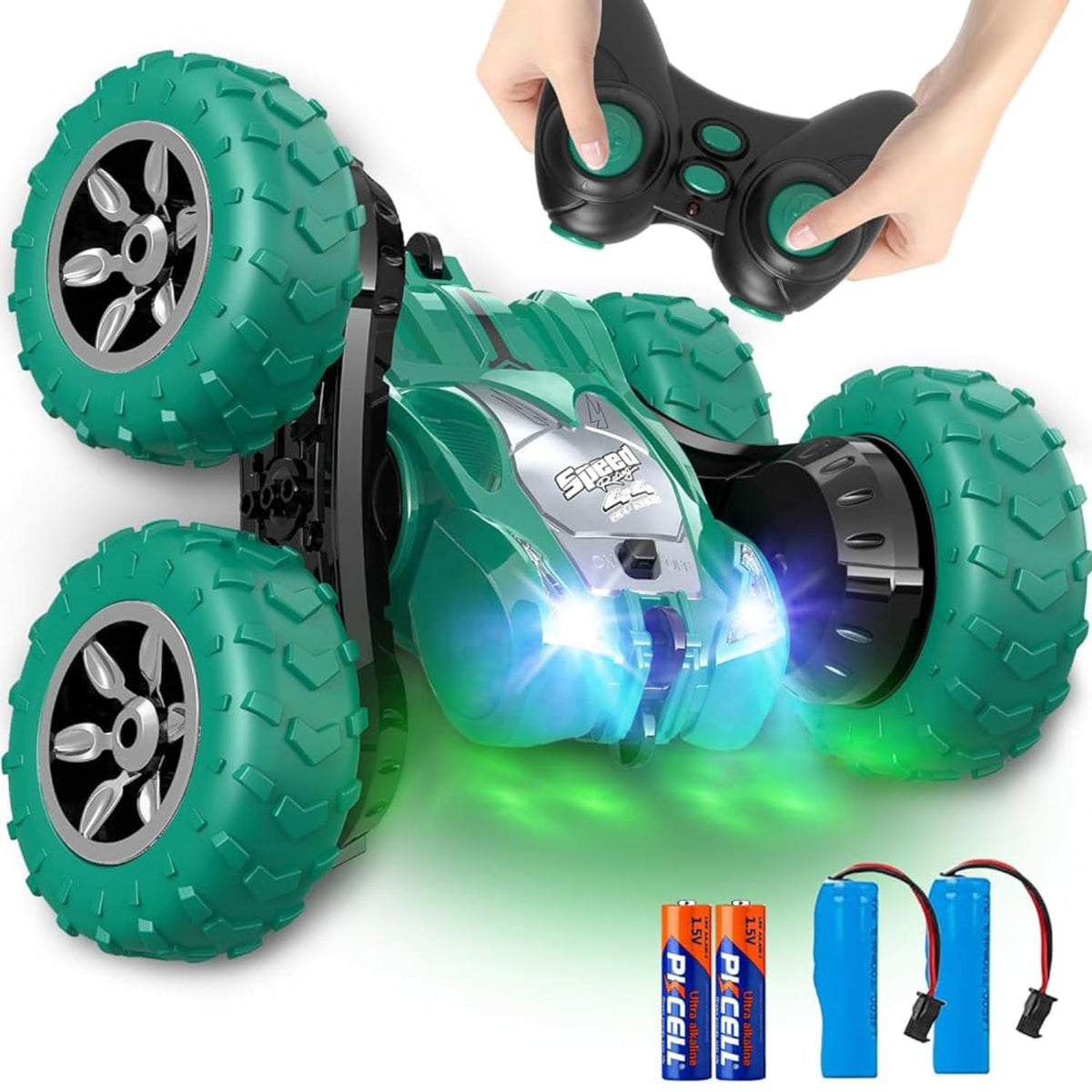 AFUNX remote control car front view showing vibrant green design and sturdy build.