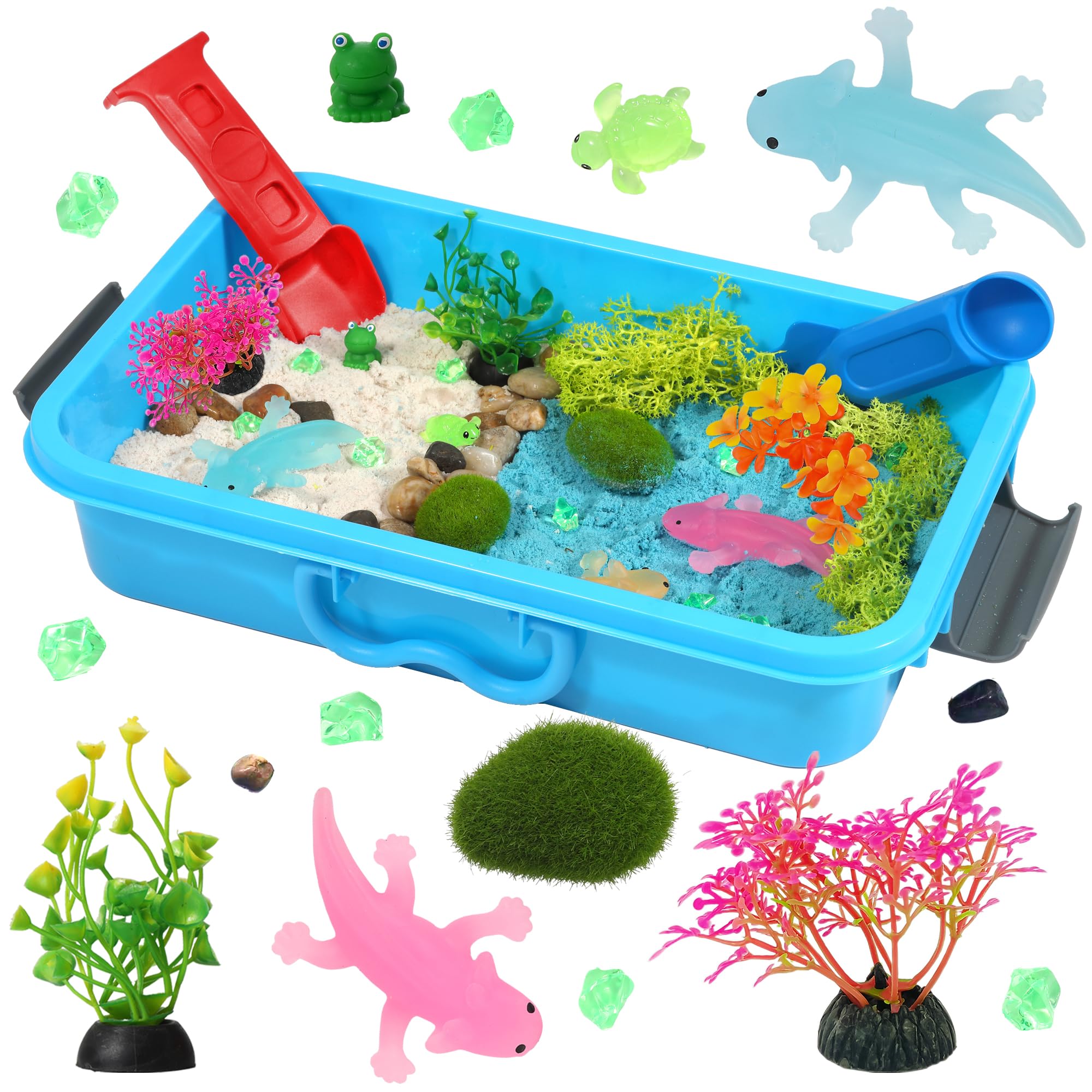 AgentLAN axolotl sensory bin inviting tactile exploration with colored sand.