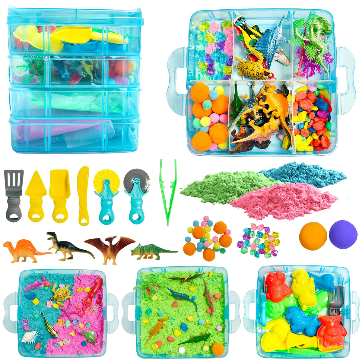 AGENTLAN Dino & Ocean Sensory Bin overview with dinos and sea life for imaginative play.
